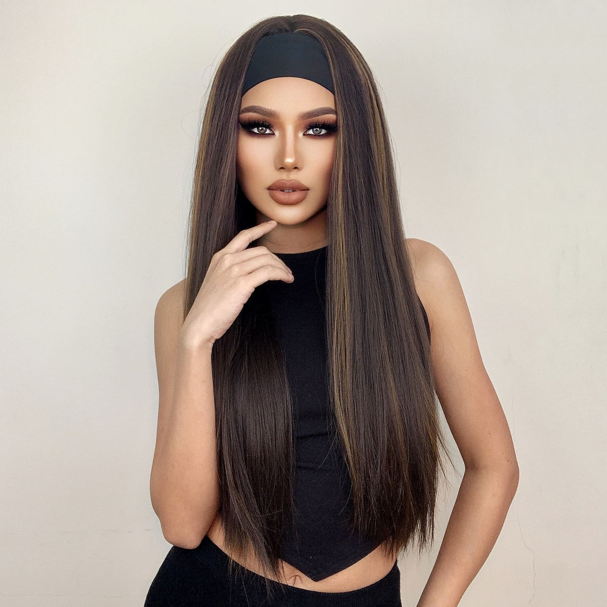 Perruque bandeau marron cheveux longs