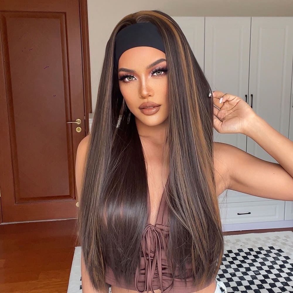 Perruque bandeau marron lisse