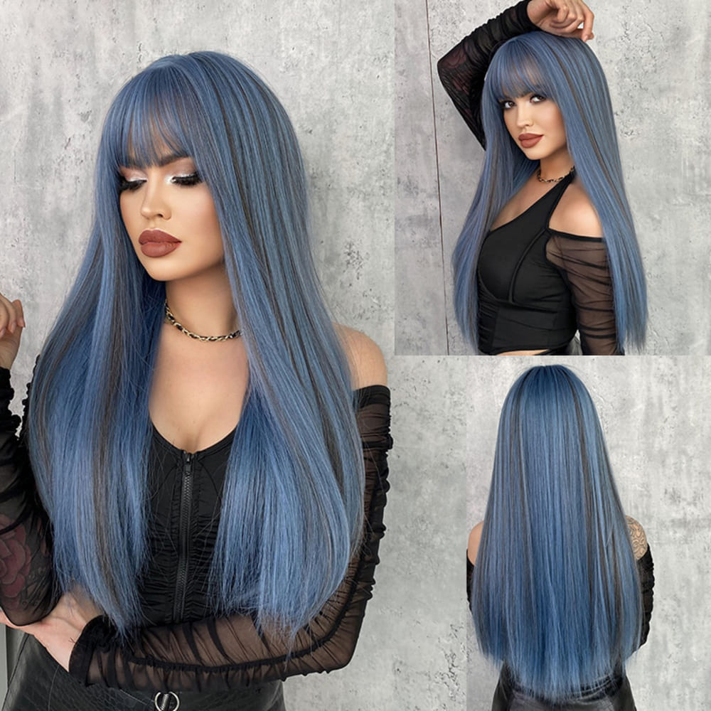 Perruque bleue cosplay frange