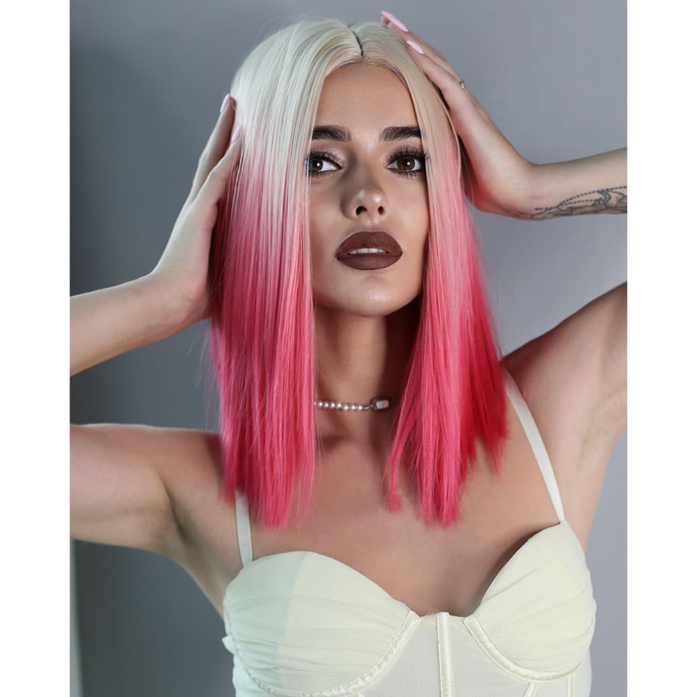 Perruque blonde et rose mi longue