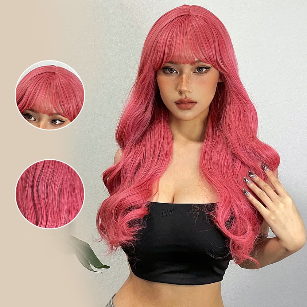 Perruque couleur rose ondulation
