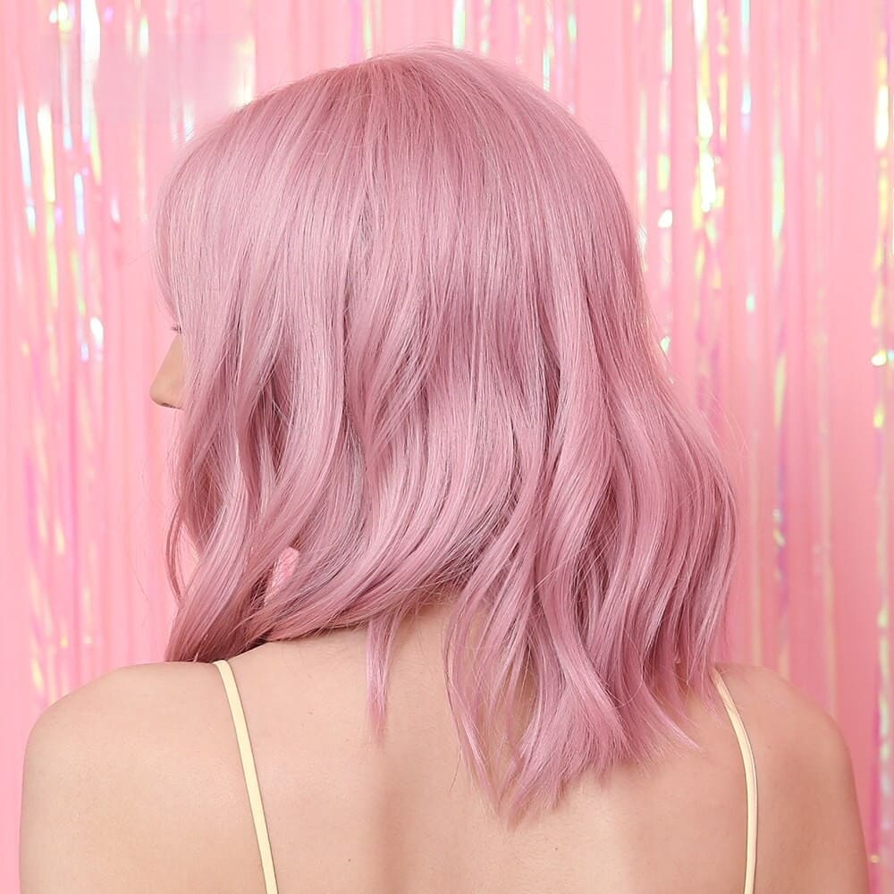 Perruque coupe carré rose ondulation