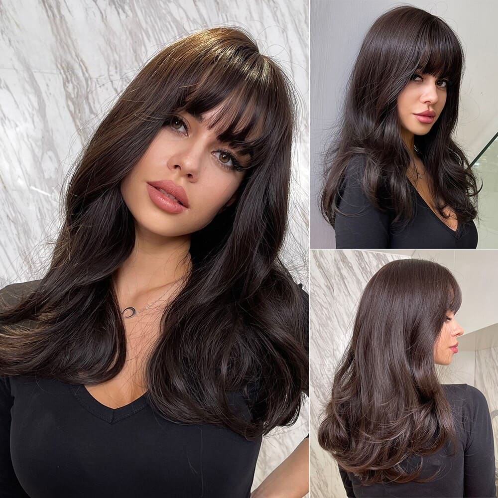 Perruque noire frange femme invisible