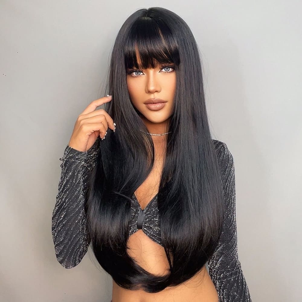 Perruque noire longue lisse femme