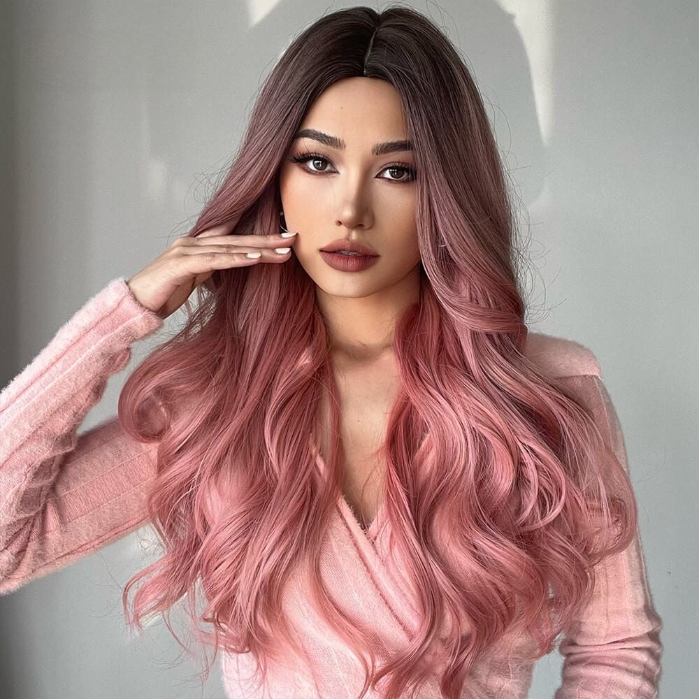 Perruque rose femme ondulée