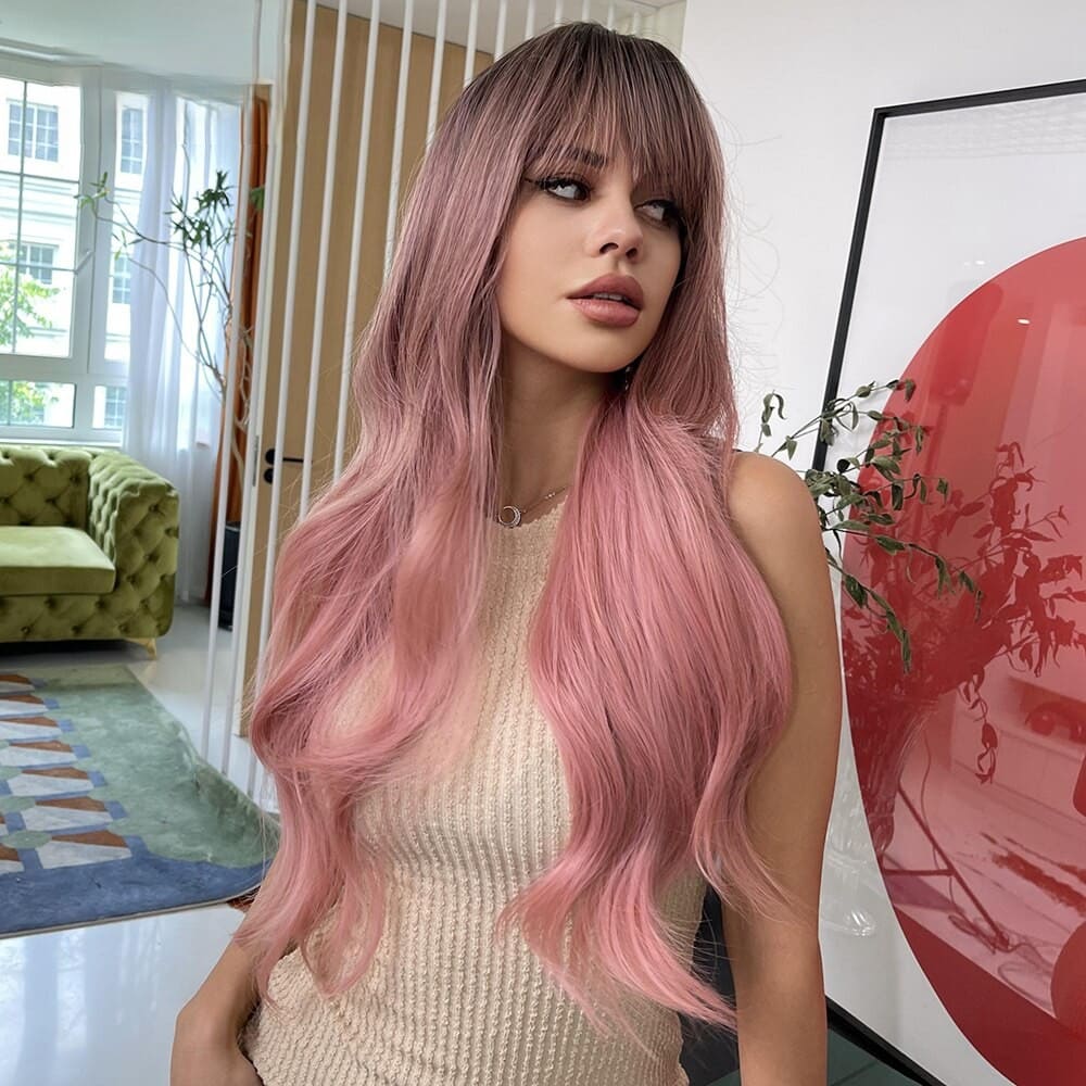 Perruque rose frange lisse
