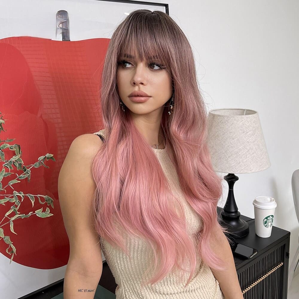 Perruque rose frange longue